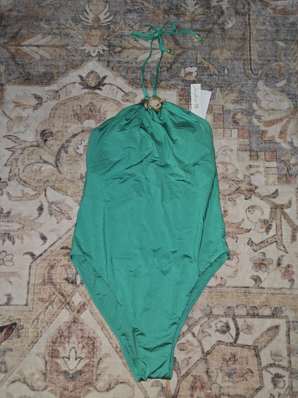 Emerald Halter One-Piece Swimsuit with Gold Ring Accent